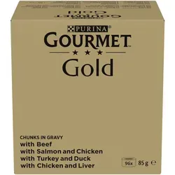 PURINA Gourmet Gold Zarte Häppchen in Sauce - Nassfutter für Katzen, Sorten-Mix mit Rind, Truthahn, Ente, Lachs, Huhn und Leber, 96er Vorteilspack ohne künstliche Zusatzstoffe