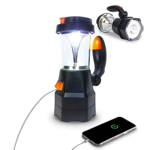 4in1 LED-Laterne aufladbar mit Notfallradio - Laterne mit Kurbeldynamo, ideal für Notfälle. Inklusive Radio und Powerbank-Funktion, sorgt für Licht und Unterhaltung überall.