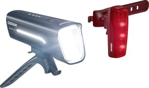 Osram RACE 50 SET Fahrradbeleuchtung - Fahrradbeleuchtung Set mit bis zu 50 Lux Leuchtkraft und elastischer Rohrhalterung – ideal für sicheres Fahren bei Nacht.