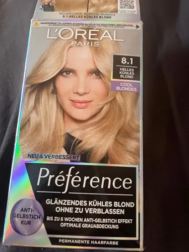 L'Oréal Paris Permanente Haarfarbe mit kühlem Farbergebnis, Haarfärbeset mit Coloration und Anti Gelbstich Pflegebalsam, Préférence Cool Blondes, Nr. 8.1 Helles kühles Blond (Kopenhagen), 1 Stück