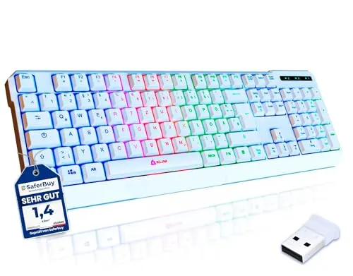 KLIM Chroma Wireless Gaming Tastatur - Ergonomisch, Wasserdicht, RGB, QWERTZ DEUTSCH - Gaming Tastatur mit extrem kurzer Reaktionszeit, leisen Tastenanschlägen und 10 Millionen Anschlägen Lebensdauer. Ideal für PC, PS4, PS5 und Mac.