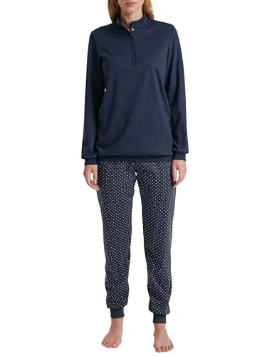 CALIDA Midnight Dreams Bündchen-Pyjama Damen - Schlafanzüge für Damen, aus 100% dicker Baumwolle, mit Stehkragen und zartem Polka Dots-Print für ultimativen Komfort und Stil im Schlaf.