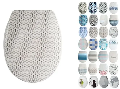 MSV Design WC Sitz, Absenkautomatik, Fast Fix/Schnellbefestigung, Befestigung mit Knopfdruck, Toilettensitz WC Deckel Klobrille "Mosaik" Beige, Weiß