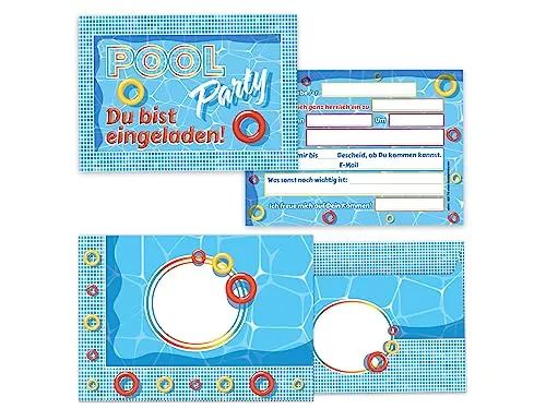 Limonia 12 Einladungskarten incl. 12 Umschläge zum Kindergeburtstag Pool-Party Einladung Geburtstag Karten Mädchen Jungen Schwimmbad Pool Bad See