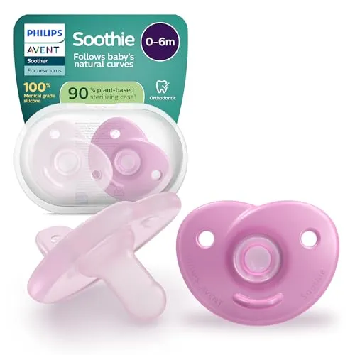Philips Avent Soothie-Schnuller – Flexibles Silikondesign für Neugeborene, 2er-Pack - Der anatomisch geformte Schnuller aus flexiblem Silikon passt sich sanft dem Mund Ihres Babys an und bietet hohen Komfort. Mit praktischem Sterilisationsbehälter für hygienische Aufbewahrung.