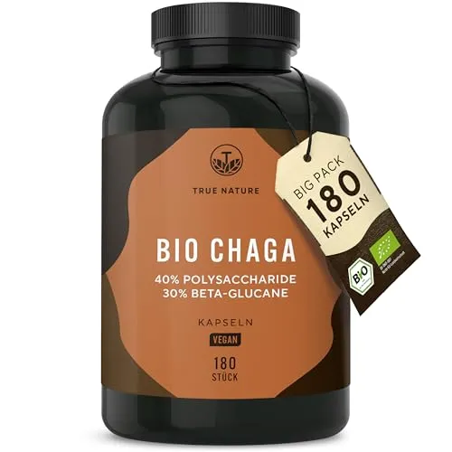 BIO Chaga Pilz Extrakt - 180 Kapseln mit 12.000mg Extrakt - Pflanzliches Ergänzungsmittel mit 40% Polysaccharide und 30% Beta-Glucan, ideal zur Unterstützung des Immunsystems. Vegan und in deutscher Qualität hergestellt.