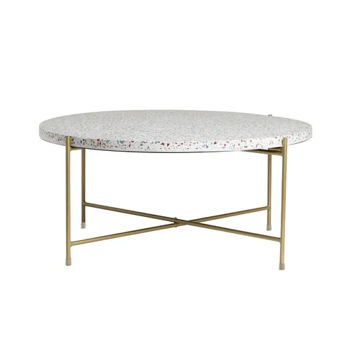 Miliboo MEZZO - Runder Couchtisch aus Terrazzo und goldfarbenem Metall D81 cm - Eleganter Couchtisch MEZZO mit einzigartiger Terrazzo-Tischplatte und filigranem goldfarbenem Metallgestell. Verleihen Sie Ihrem Wohnzimmer einen Hauch von Art-Déco und italienischem Charme.