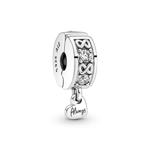 PANDORA Charm Clip Herz "Always" mit Zirkonia 791151C01 - Bead Charm für Damen mit Herzanhänger aus poliertem Sterling-Silber, graviert mit „Always“. Stilvoll und funktional, verhindert Verrutschen dank Silikonkern. Ideal für Pandora Moments Armbänder.