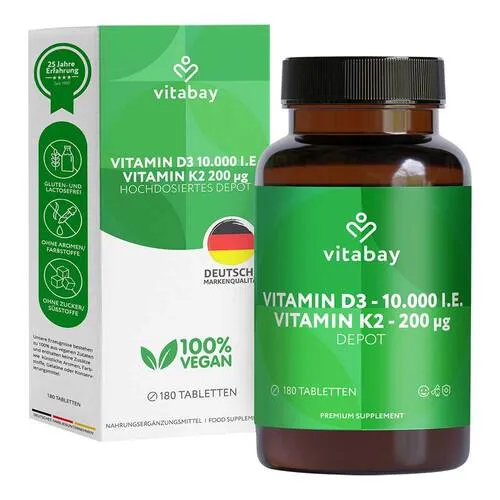 Vitamin D3 Depot 10.000 I.E. + K2 200 µg Tabletten - Arzneimittel mit hochdosiertem Vitamin D3 und K2, unterstützt die Knochen- und Muskelfunktion sowie das Immunsystem. Nur alle 10 Tage eine Tablette für optimale Gesundheit!