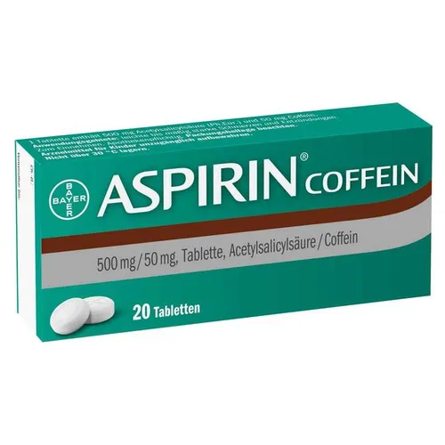 Aspirin Coffein 20 ST - Schmerzmittel mit Coffein - Praktische 20 Tabletten für schnelle Linderung von leichten bis mäßig starken Schmerzen. Ideal bei Kopfschmerzen und Zahnweh, unterstützt durch die belebende Wirkung von Coffein.