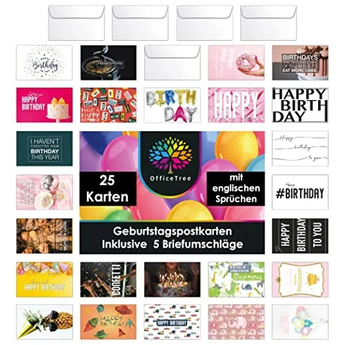 OfficeTree 25x Geburtstagskarten Set mit Umschlag 5 Stück - Geburtstagskarte A6 - Postkarten Set Geburtstag - Glückwunschkarten mit englischen Sprüchen - Karte Geburtstag - Grußkarten