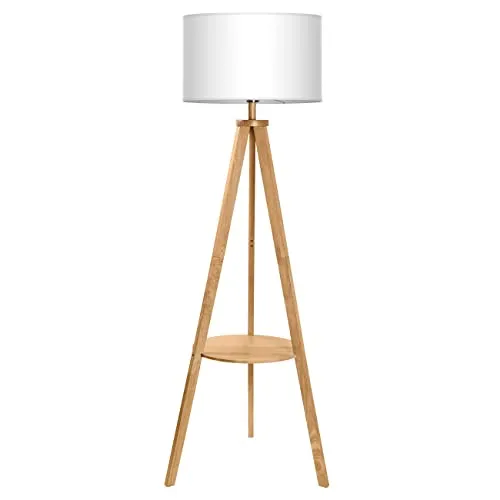 Tomons Dimmbar Stehlampe aus Holz mit Ablage - Standleuchte mit dimmbarem E27 Halogenlicht, ideal für Wohnzimmer. Stilvolles Design mit Holzoptik und praktischer Ablage für zusätzlichen Komfort.