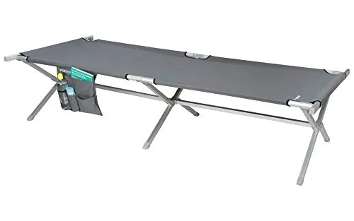 Berger Feldbett Aluminium - Robustes Campingbett - Camping-Möbel mit stabilen Querstreben für sicheren Halt auf unebenem Boden und praktischer Utensilientasche für schnellen Zugriff auf Essentials.