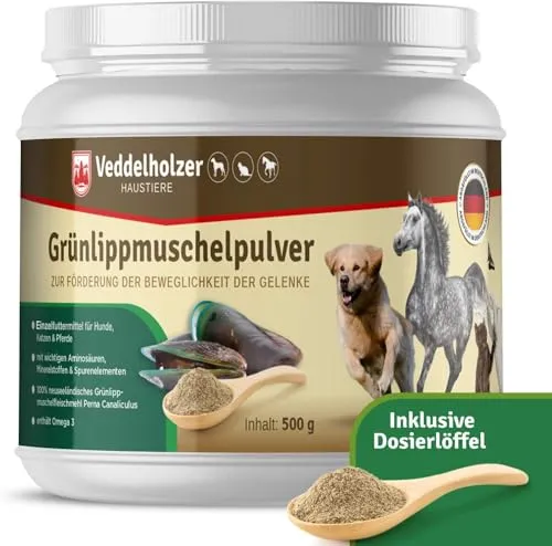 Veddelholzer Garten Tierpräparate Grünlippmuschelpulver für Hunde - 500g - Hundefutter mit hochwertigem Grünlippmuschelextrakt, unterstützt die Gelenkgesundheit und hat eine hohe Akzeptanz bei Hunden.