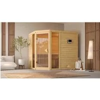 Karibu Sauna Sinai 3 - Massivholzsauna ohne Ofen - Sauna aus 38 mm massivem Holz mit Ganzglastür und 2 Fensterelementen, ideal für individuelles Entspannen in Ihrem Zuhause.