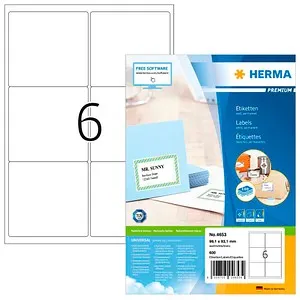Herma Premium 4653 Etiketten weiß 99.1 x 93.1mm, 600 Stück - Universaletiketten in nachhaltiger Qualität, perfekt für C6 Kuverts. Selbstklebend, bedruckbar und aus 100% recyclingfähigem Material, CO2-neutral produziert.