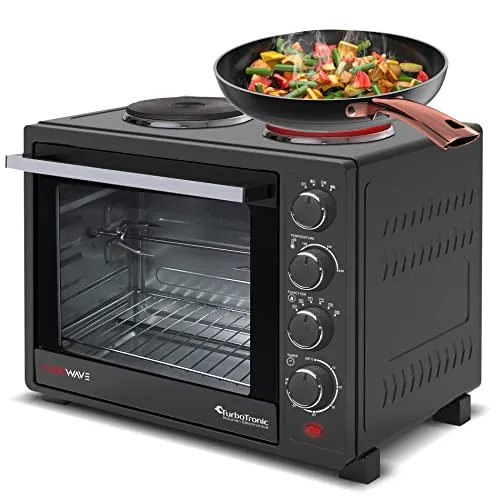 Turbotronic/Minibackofen mit Umluft und Kochplatten / 35l / schwarz / 3200W, Mini Backofen mit Timer, Pizzaofen, Drehspieß, Backblech, Innenbeleuchtung