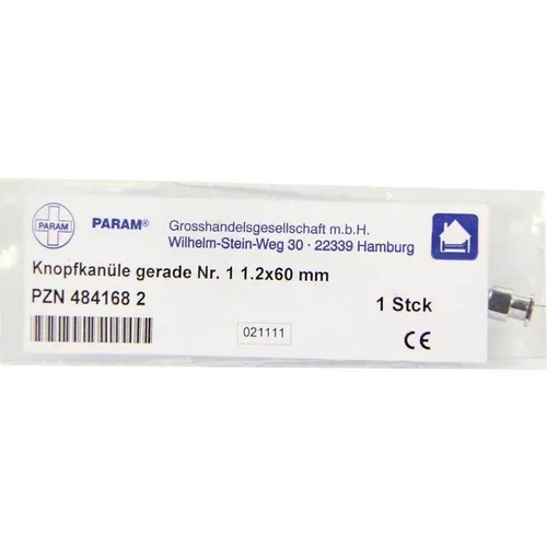 Param GmbH KNOPFKANÜLE gerade Nr.1 1,2x60 mm - Arzneimittel - Hochwertige KNOPFKANÜLE gerade Nr.1 für präzise Anwendungen, ideal für medizinische Fachkräfte und den sicheren Einsatz zu Hause.