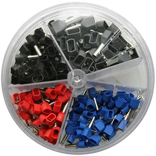 TWIN Aderendhülsen-Sortiment Quetschverbinder Kabelverbinder - isoliert Querschnitt 0,75-2.5mm² Länge 8mm in Blau, Rot, Schwarz und Grau (im Aufbewahrungsdose/Sortimentsbox) 200 x