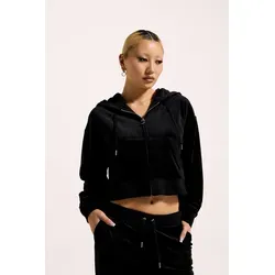 Kapuzennickijacke JUICY COUTURE "BRENDAL CROP OVERSIZED HOODIE Damen", Damen, Gr. S, schwarz, 95% POLYESTER, 5% ELASTAN, slim fit, Langarm, Jacken, Trainingsjacke Damen, Sweatjacke mit Kapuze, Velour, mit Glitzer, Sale