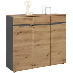 Kommode Memphis in Eiche/Graphit - Stilvoller Schuhschrank - Schuhschrank in Eiche und Graphit mit 3 Soft-Close-Türen, 8 verstellbaren Einlegeböden und modernem Design. Ideal für praktischen Stauraum im Eingangsbereich.