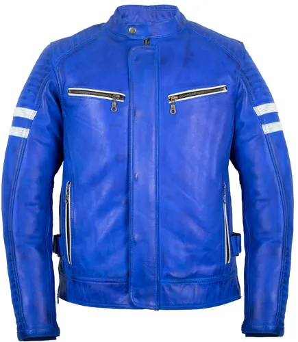 Herren Retro Motorrad Lederjacke mit Protektoren (XL, Blau) - Stylishe Bikerjacke aus echtem Rindsleder mit herausnehmbaren Protektoren. 4 Außen- und 2 Innentaschen bieten praktischen Stauraum. Verstellbare Taille für optimalen Sitz. Ideal für den täglichen Einsatz auf dem Motorrad.