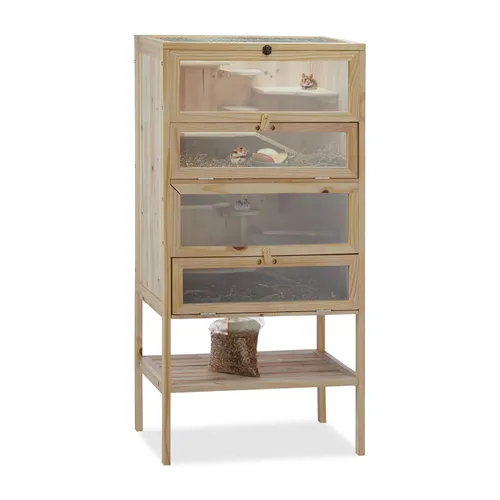 Hamsterkäfig Holz mit Etagen und Sichtfenster - Käfig für Hamster, aus hochwertigem Holz, bietet 3 Ebenen und Sichtfenster für optimale Sichtbarkeit und Komfort.