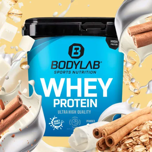 Bodylab24 Whey Protein Pulver, Cinnamon Cereal White Chocolate Crisp, 1kg - Molkenprotein mit bis zu 80% Eiweiß, ideal für Muskelaufbau nach dem Training. Perfekte Löslichkeit in Milch und Wasser, ohne Aspartam – für eine gesunde Fitnessernährung.