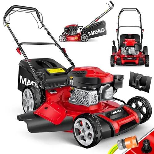 MASKO® Benzin Rasenmäher 5in1 - 51 cm Schnittbreite, 6,0 PS, 8-fache Schnitthöhenverstellung - Sichelmäher mit vielseitigen Funktionen: Mähen, Fangen und Heckseln, ideal für Rasenflächen bis 1000m². Der atmungsaktive Fangkorb mit Füllstandanzeige sorgt für weniger Gerüche und mehr Komfort.