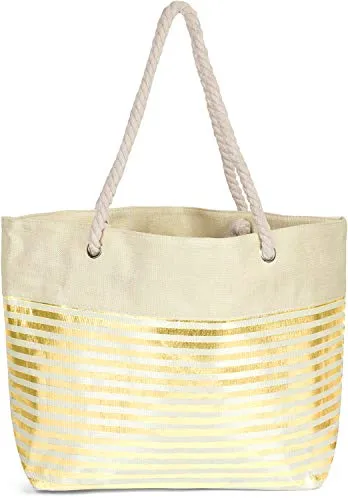 styleBREAKER Damen XXL Strandtasche mit Reißverschluss und Metallic Glitzer Streifen - Damen-Shopper mit großem Stauraum, ideal für Strand, Freizeit und Shopping. Glänzender Metallic Look und praktische Fächer für Ordnung unterwegs.