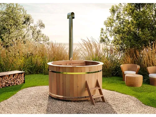 Finntherm Holz Badefass Bergen - Hot Tub für 6-8 Personen - Stahlrahmenbecken mit Ø 200 x 101 cm, inkl. 22 kW Edelstahl-Ofen für ganzjährigen Badespaß und schnelle Inbetriebnahme.