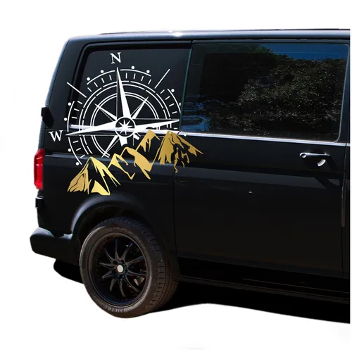 Aufkleber Set Kompass Berge 60x56cm Sticker Auto Wohnwagen Camper KX072 Weiß Gol