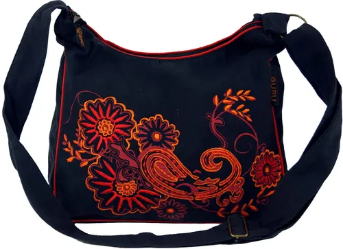 Schultertasche - Hippie Tasche in Schwarz/Rot, 23x28x12 cm - Damentaschen aus 100% Baumwolle, fair gehandelt in Nepal. Mit 3 Fächern und verstellbarem Gurt ist diese Ethno-Tasche ideal für jeden Anlass.
