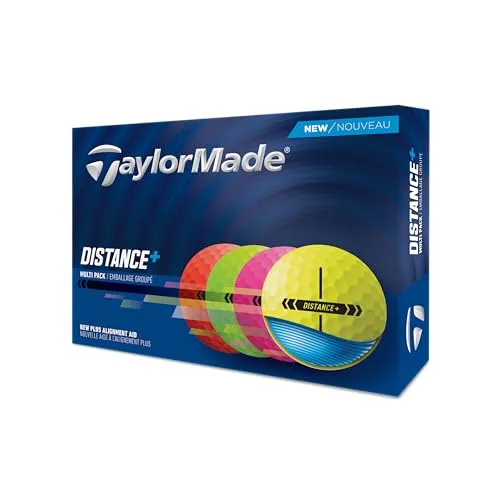 TaylorMade New Distance+ Golfbälle 2025, bunt - Golfbälle mit erweitertem Flight-Noppenmuster und Ausrichtungshilfe für präzise Schläge und mehr Distanz auf dem Platz.