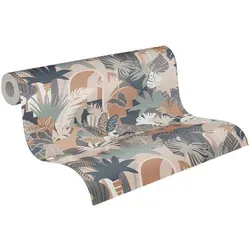 A.S. Création Vliestapete Antigua Retrotapete Artdeco, leicht strukturiert, gemustert, matt, neutral, (1 St), Dschungeltapete Floral mit Tieren Tapeten Wohnzimmer Schlafzimmer Flur beige|blau|bunt