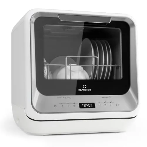 Klarstein Amazonia Mini Geschirrspüler, Spülmaschine mit Platz für 2 Maßgedecke, 6 Programme, 5 L Wasser benötigt, LED-Display, Touch, Tischgeschirrspüler inkl. Zubehör, silber