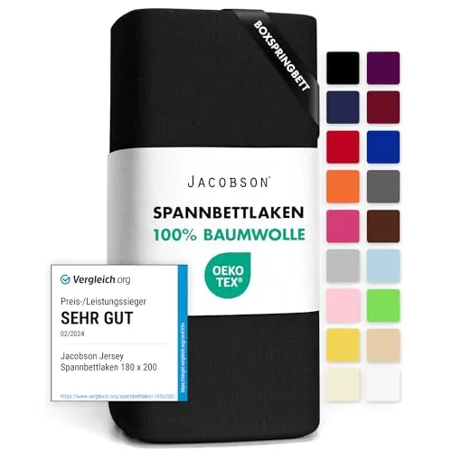 Jacobson Jersey Spannbettlaken Spannbetttuch Baumwolle Bettlaken (180x200-200x220 cm, Schwarz)