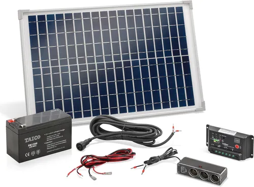 Esotec 120005 Solarset 20 Wp mit Akku und Laderegler - Solaranlage für Gartenhäuser und Camping, inkl. 20 Wp Solarmodul und USB-Anschluss für mobiles Laden. Ideal für unabhängige Stromversorgung von 12V-Geräten.