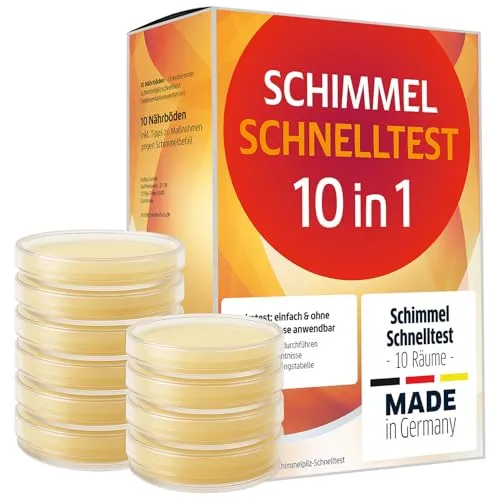 Schimmeltest für zu Hause - Schimmelpilz Schnelltest für 10 Räume - Praktischer Schnelltest zur Schimmelpilzprüfung in Innenräumen, ideal für 10 Nährböden und einfach in der Anwendung. Hergestellt in Deutschland.