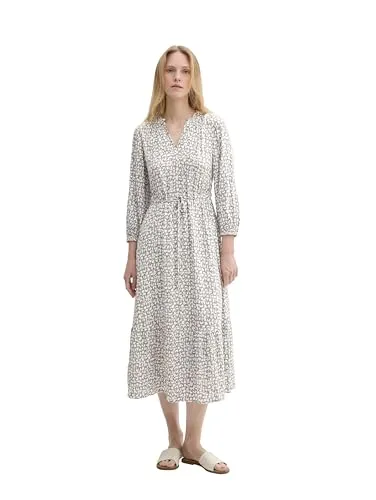 TOM TAILOR Damen Maxikleid 1043516 mit Muster & Bindedetail - Freizeitkleid in Maxi-Länge mit voluminösem Saum und elastischen Ärmelsäumen. Hergestellt aus 30% umweltfreundlicher Viskose für hohen Tragekomfort und Nachhaltigkeit.