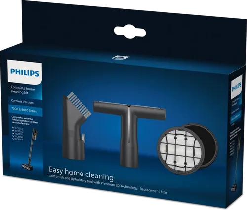 Philips Cordless VC 7000 & 8000 Series Home Cleaning Kit - Staubsaugerbürsten-Set mit weicher Bürste und Polsterwerkzeug für schonende Reinigung, inklusive waschbarem Schaumstofffilter für langanhaltende Saugkraft.