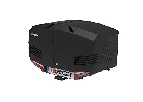 TowBox V3 Transportbox für Anhängerkupplung - Schwarz - Fahrradträger mit 50 kg Nutzlast, abschließbar und vormontiert, ideal für sicheren Transport von Fahrrädern oder Gepäck.