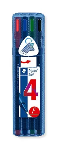 STAEDTLER Kugelschreiber Triplus Ball, ergonomischer Dreikantschaft, Linienbreite F, wischfest, Box mit 4 brillanten Farben, 437 FSB4