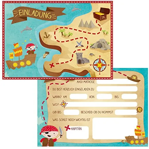 Oblique Unique® 12 Einladungskarten zum Kindergeburtstag Pirat // Geburtstagseinladungen Jungen Mädchen Kinder Einladungen Schatzkarte Schatzsuche Piratenparty Geburtstag Karten Set