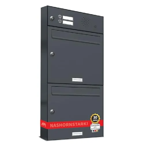 AL Briefkastensysteme 2er Briefkastenanlage mit Klingel - Wandbriefkasten für 2 Parteien, modern in Anthrazit Grau, mit lebenslanger Durchrostungsgarantie und verstärkten Einwurfklappen für Geräuschdämmung.