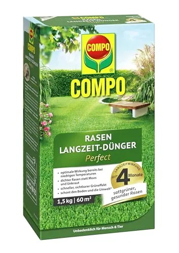 COMPO Rasen Langzeit-Dünger Perfect 1,5 kg - Dünger für 60 m² mit Langzeitwirkung, stärkt die Widerstandskraft des Rasens und sorgt für einen satten, grünen Rasen ohne Moos und Unkraut.
