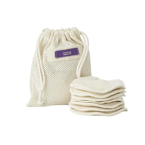 Living Crafts - INDIA | Waschbare Abschminkpads, 7 Stück, wiederverwendbare Wattepads mit waschbarem Wäschebeutel, 100% Bio-Baumwolle Wattepads, wiederverwendbare Make-up-Entferner-Pads, Zero Waste