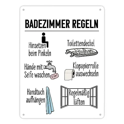 Badezimmer Regeln für ein hygienischeres Bad Metallschild XL in 21x28 cm Blechschild für die Toilette mit den wichtigsten Regeln für das Klo für ein sauberes WC mit Grafiken