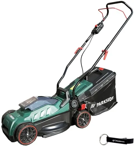 Parkside Akkurasenmäher 20V - Leistungsstarker Akku Rasenmäher mit 33 cm Schnittbreite - Rasenmäher, akkubetrieben mit 33 cm Schnittbreite, ideal für kleine Gärten. Leicht abnehmbare Fangbox mit Füllstandsanzeige für müheloses Mähen.