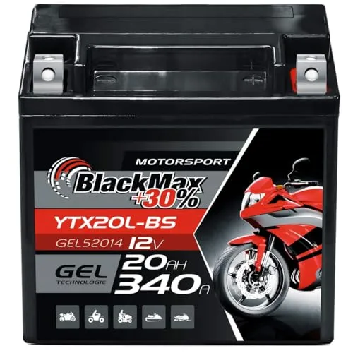YTX20L-BS Motorradbatterie 12V 20Ah BlackMax Gel CTX20L-BS - Hochleistungs-GEL-Batterie, wartungsfrei und startklar für anspruchsvolle Krafträder